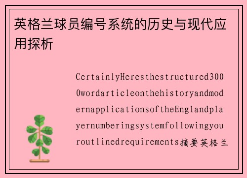 英格兰球员编号系统的历史与现代应用探析